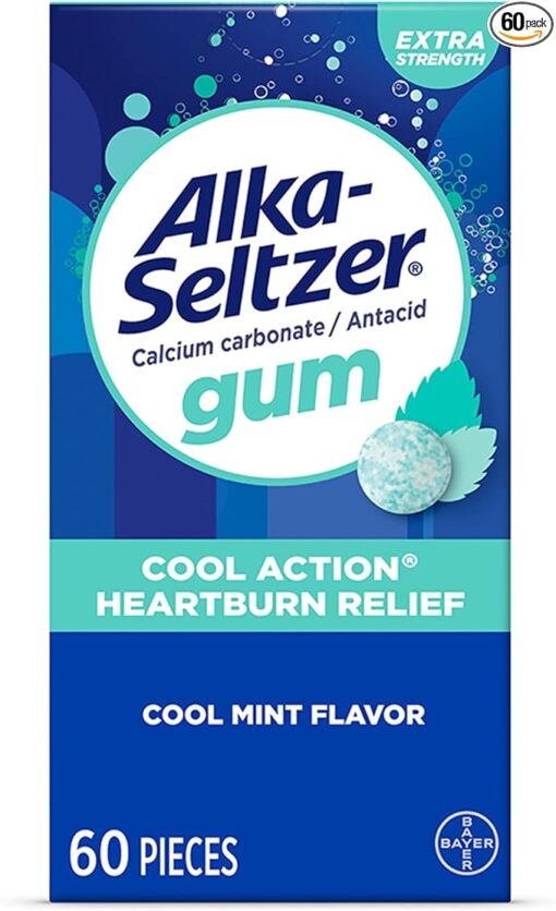 Alka-Seltzer Cool Action Heartburn Relief Gum, Extra Strength Antacid Gum, Acid Indigestion and Upset Stomach Relief, No Chalky Taste, Cool Mint Flavor, 60 Count