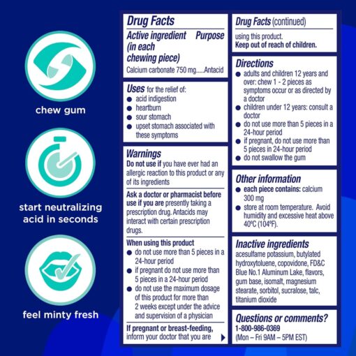 Alka-Seltzer Cool Action Heartburn Relief Gum, Extra Strength Antacid Gum, Acid Indigestion and Upset Stomach Relief, No Chalky Taste, Cool Mint Flavor, 60 Count - Image 5