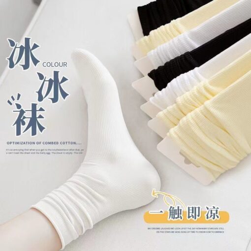 One piece dropshipping nylon velvet sock women's thin mid-calf length spring/summer bunching socks solid color women's ice socks